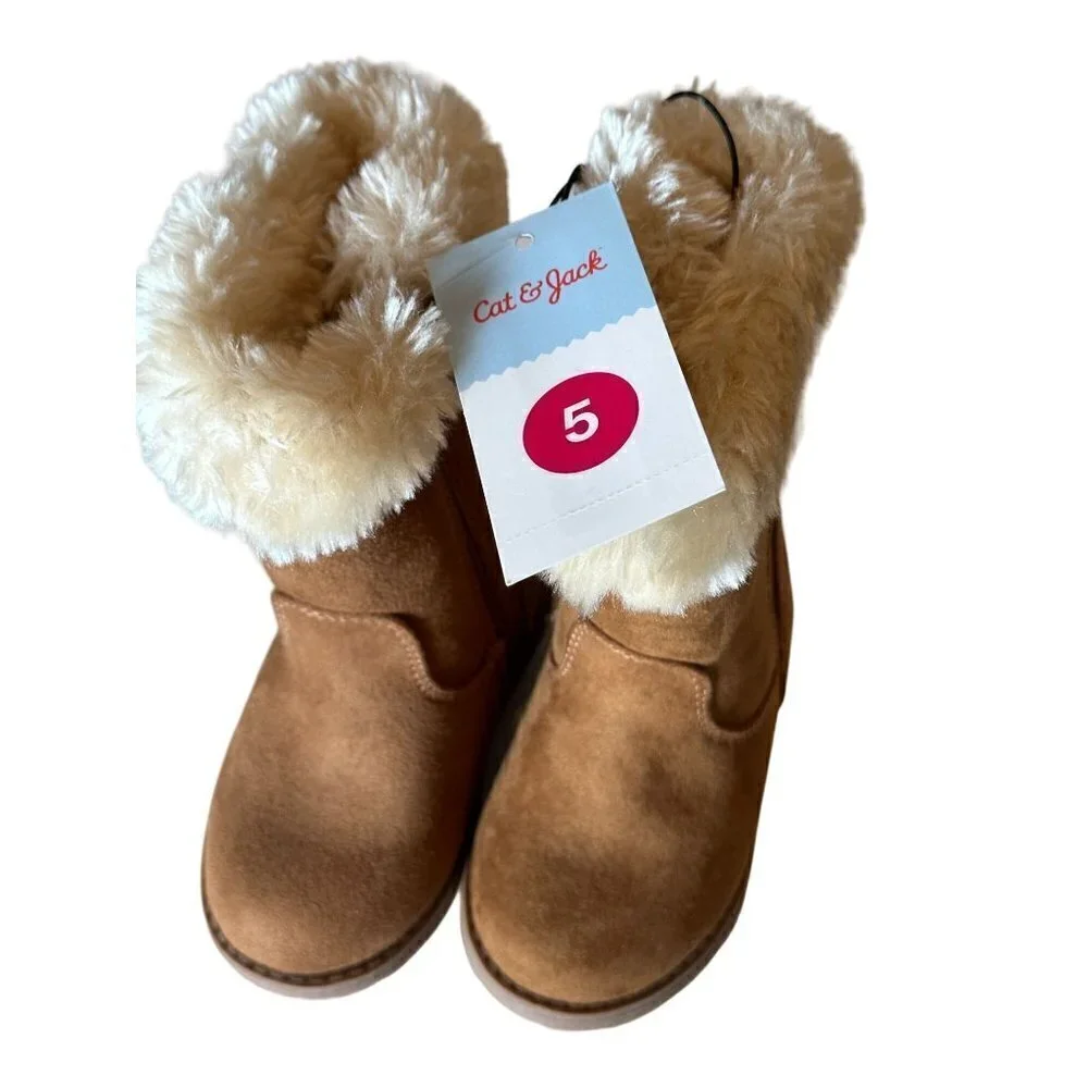 Cat & Jack Shearling Boots Tall Toddler Size 5 Leah Brown Fur Boots New